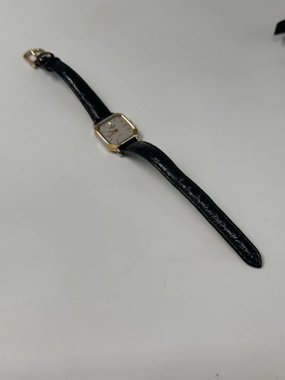 Vintage Prelude Watch Women Gold Tone Square Dial Black Leather Band New Battery